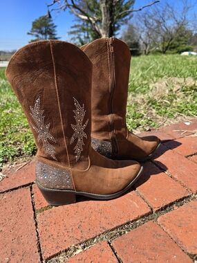 Steve Madden Girls' Brown Suede Western Boots with Rhinestone Detail